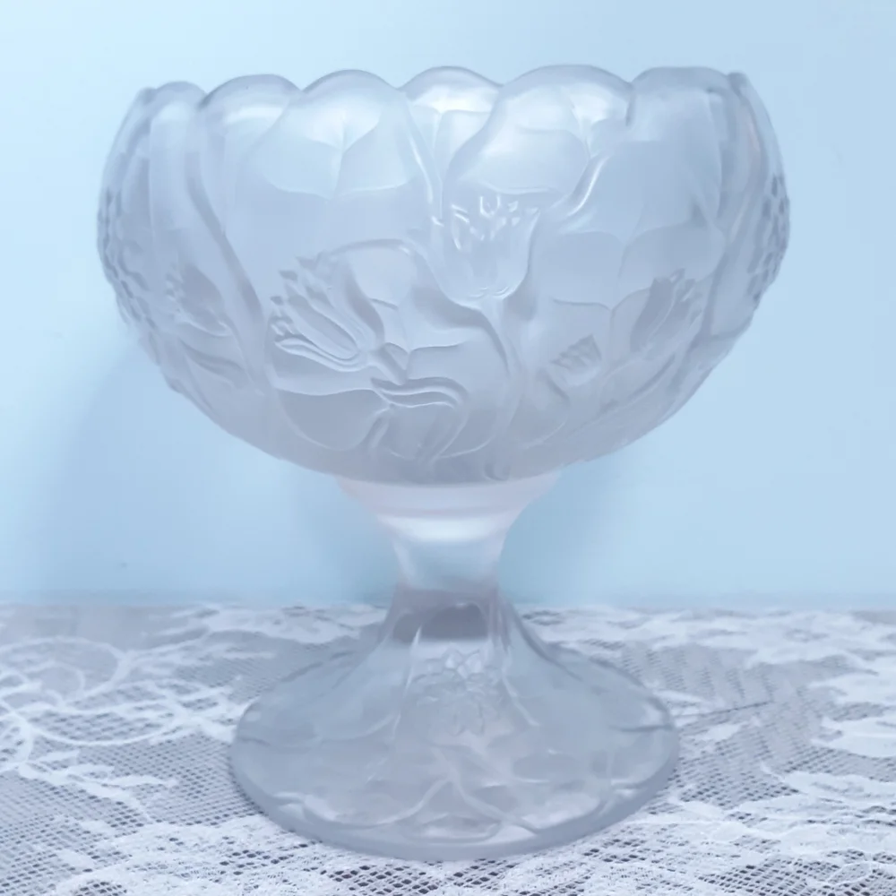 Fenton Satin Glass Water Lily Pedestal Compote Floral Candy Chalice Cup Bowl